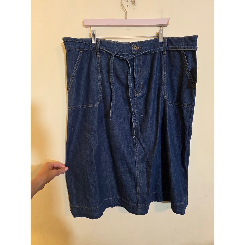 St. John's Bay Dark Rinse Denim Midi Skirt Plus Size 20W Tie Waist Cotton Tencel
